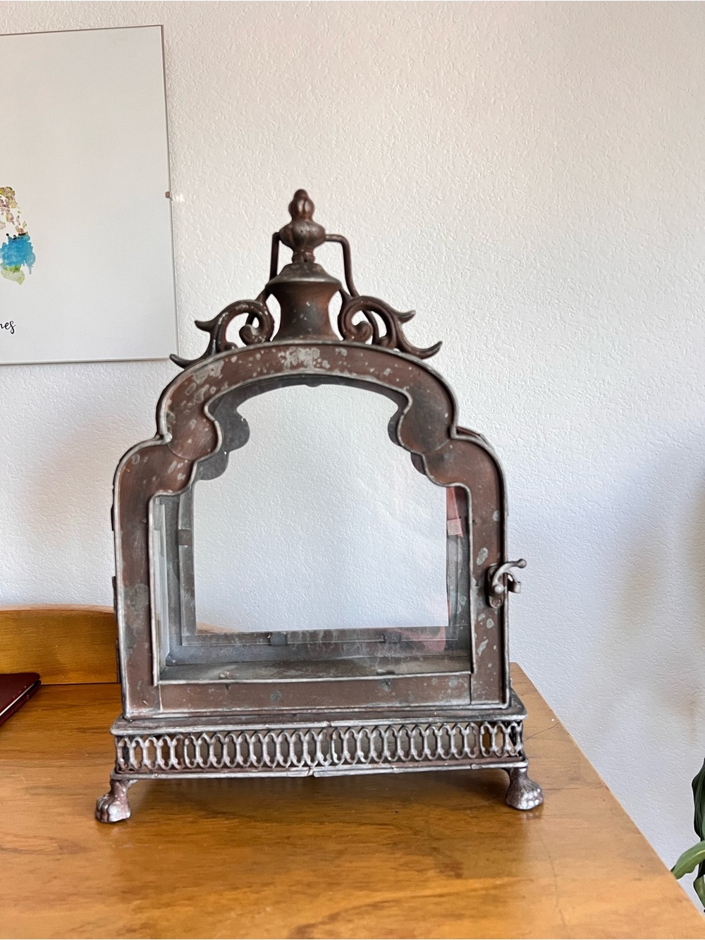 Moroccan Style Metal Lantern Candle Holder 14” Tall Ornate Glass Panel Lantern - Picture 4 of 8